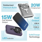 Ambrane Magsafe Wireless 10000Mah Fast Charging USB Type-C Input Power Bank, Strong Magnet, 22.5W Output For iPhone 12 & Above, Android & Other Qi Enabled Devices + Magnetic Ring (Aerosync Snap, Blue)