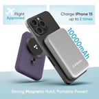 Ambrane Magsafe Wireless 10000Mah Fast Charging Power Bank, Strong Magnet, Micro USB Input, 22.5W Output For Iphone 12 Above, Android & Other Qi Enabled Devices + Magnetic Ring (Aerosync Snap, Purple)
