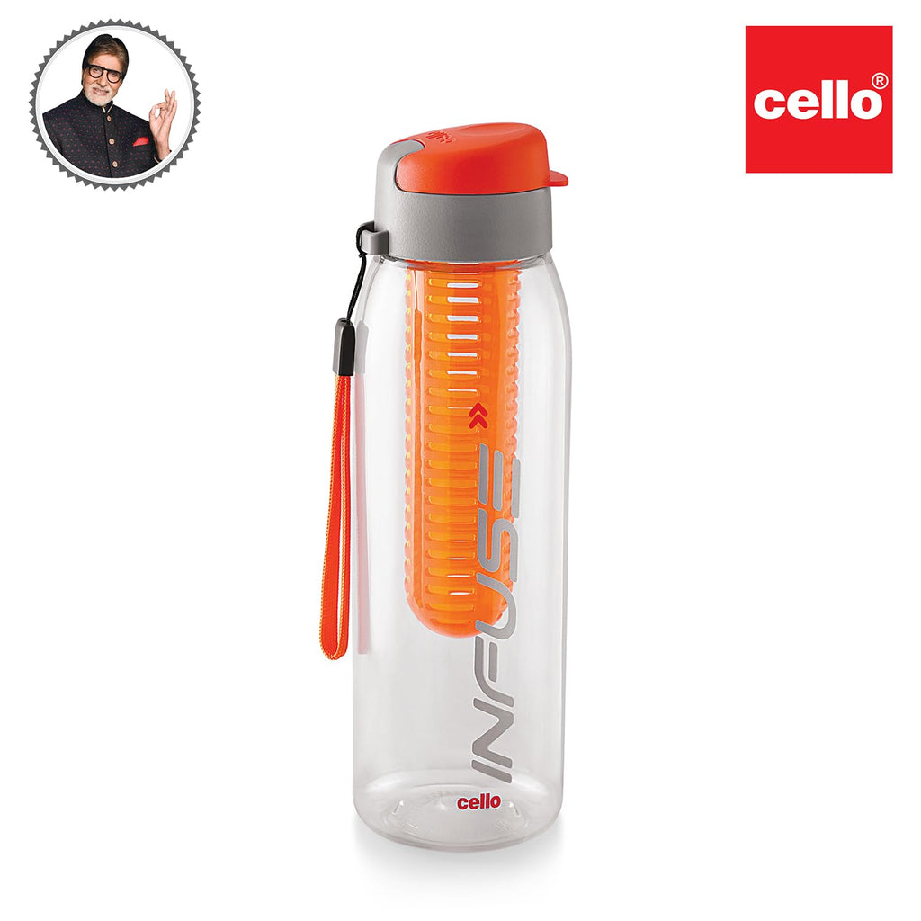 CELLO Infuse Water Bottle 800ml, Orange | Food Grade Unbreakable Detox Bottle with Infuser Chamber | Reusable Leakproof Lightweight Easy to Carry Fridge Pet Bottle For Home, Gym, Indoor & Outdoor