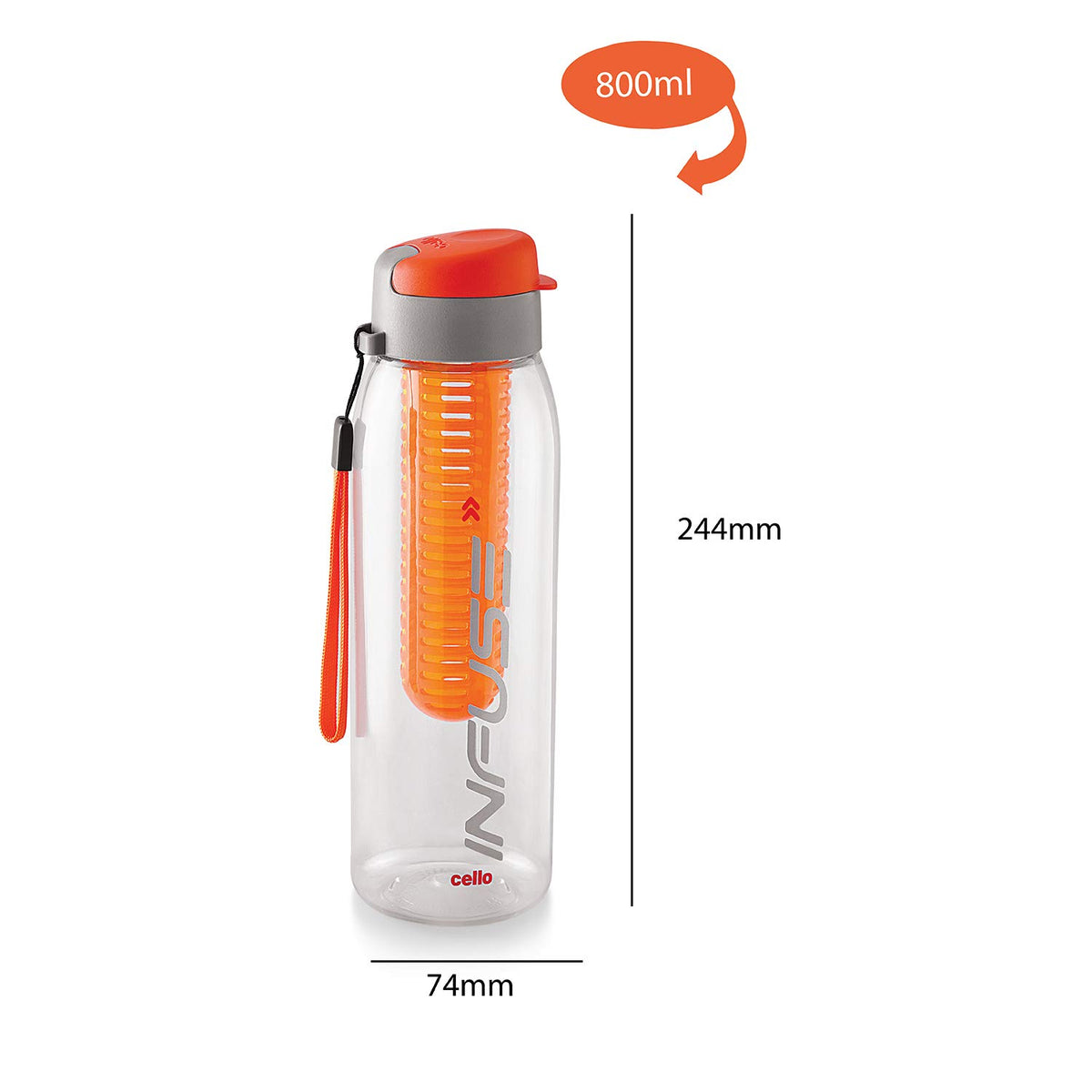 CELLO Infuse Water Bottle 800ml, Orange | Food Grade Unbreakable Detox Bottle with Infuser Chamber | Reusable Leakproof Lightweight Easy to Carry Fridge Pet Bottle For Home, Gym, Indoor & Outdoor