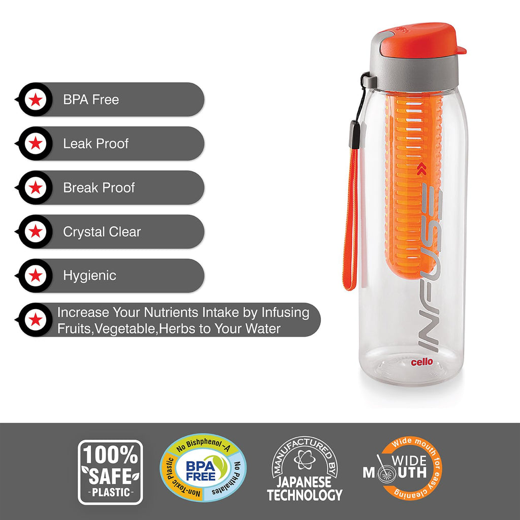 CELLO Infuse Water Bottle 800ml, Orange | Food Grade Unbreakable Detox Bottle with Infuser Chamber | Reusable Leakproof Lightweight Easy to Carry Fridge Pet Bottle For Home, Gym, Indoor & Outdoor