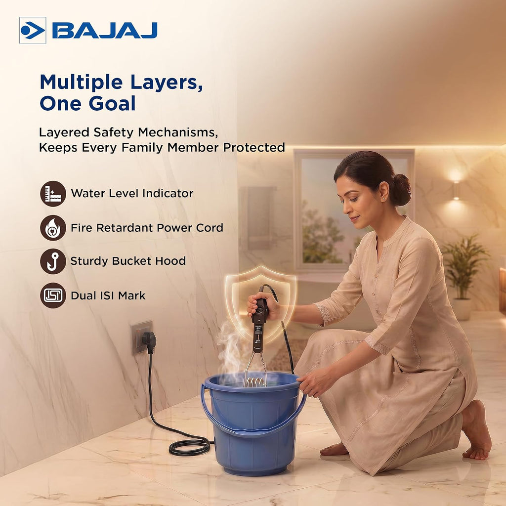 Bajaj 1000 W Immersion Water Heater Rod | Nickel-Plated Heating Element | 2 Year Warranty