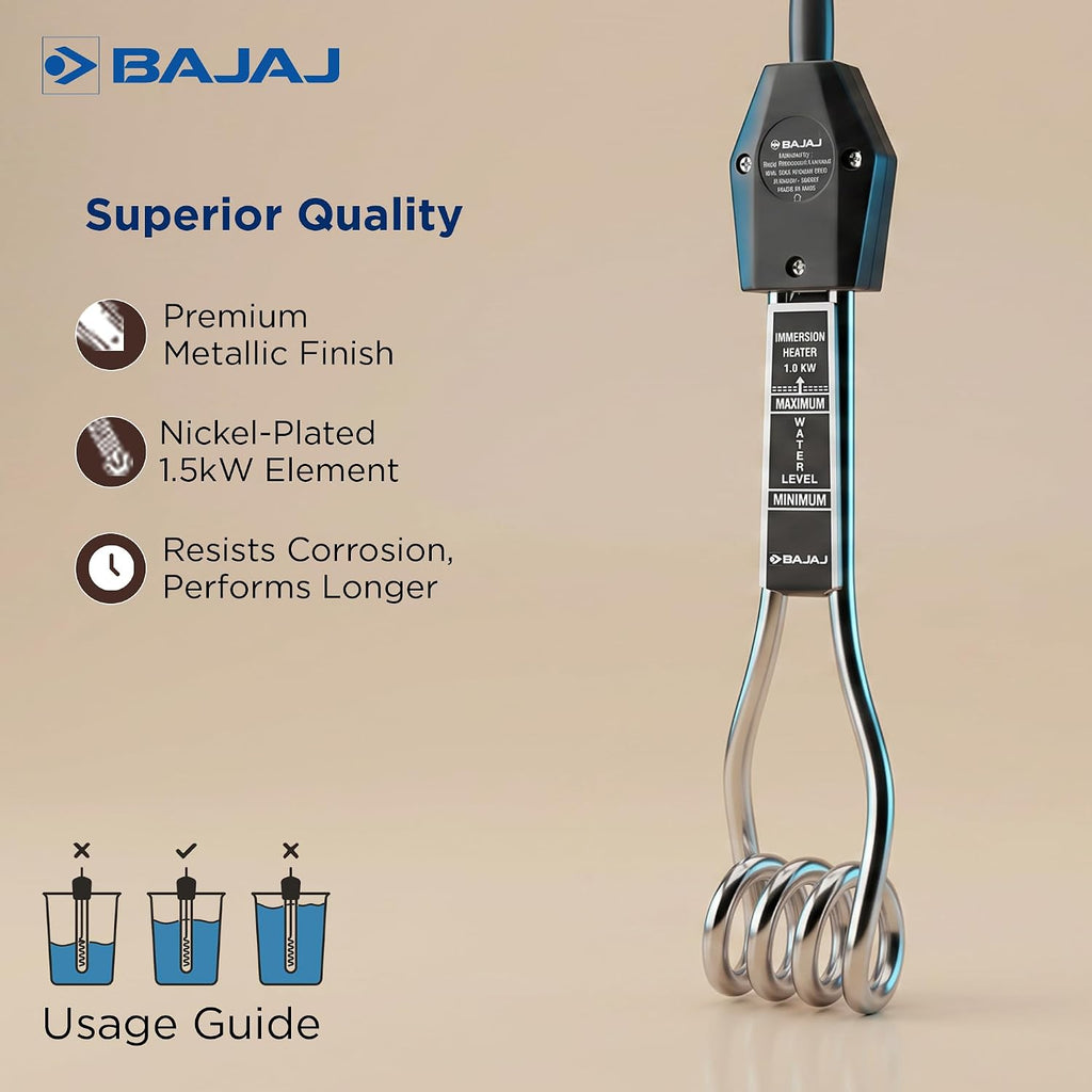 Bajaj 1000 W Immersion Water Heater Rod | Nickel-Plated Heating Element | 2 Year Warranty