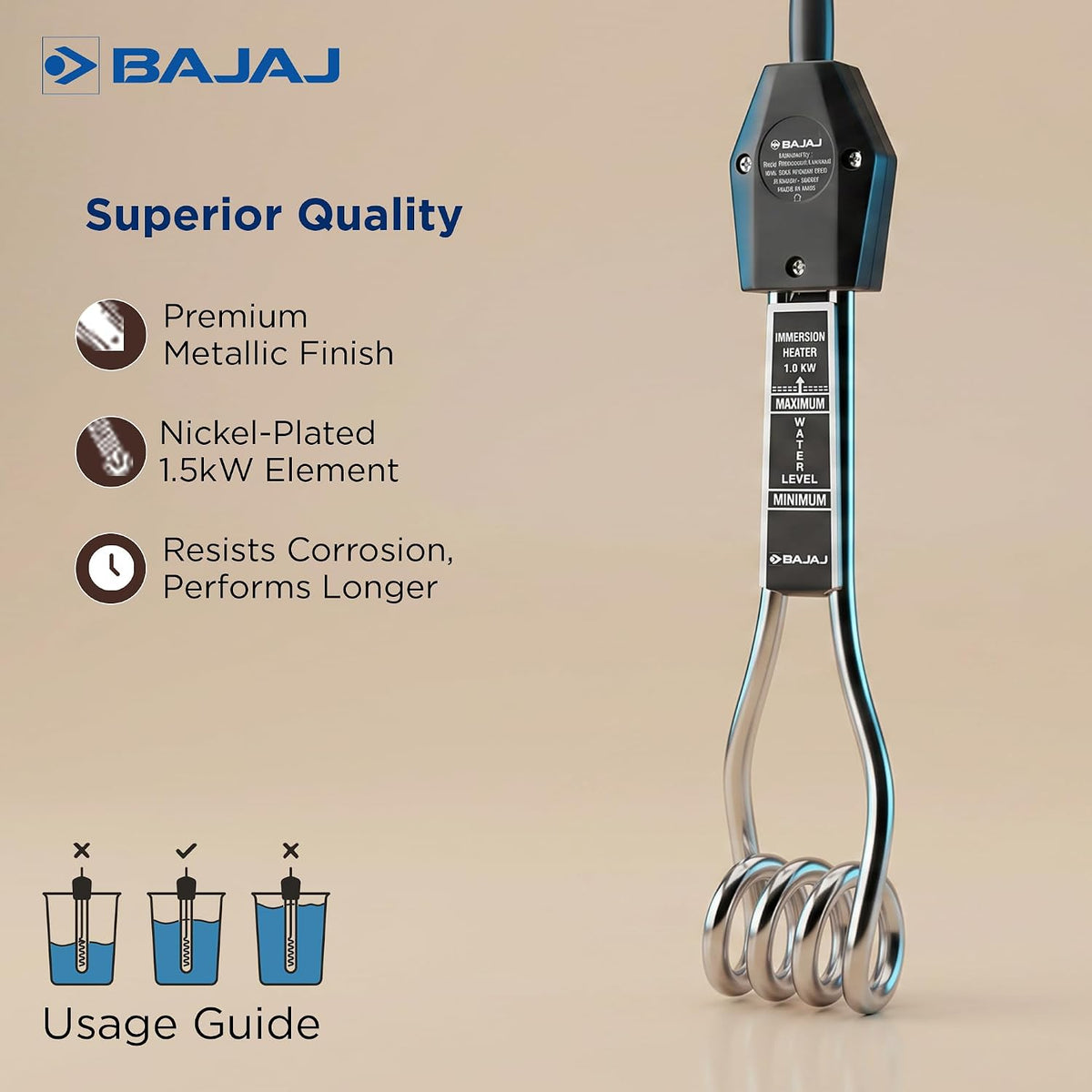 Bajaj 1000 W Immersion Water Heater Rod | Nickel-Plated Heating Element | 2 Year Warranty