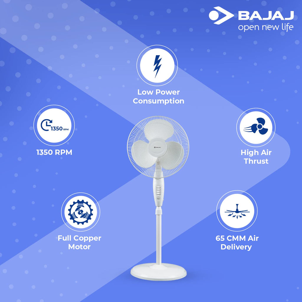 Bajaj Esteem 400 MM Oscillating Pedestal Fan For Home | Stand Fan With Tilt Mechanism | Voltage Protection | 100% Copper Motor | High Air Delivery | 3-Speed Control | 2 Yrs Warranty 【White】