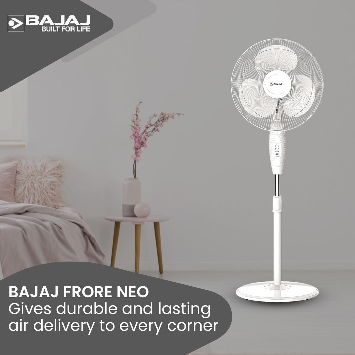Bajaj Frore Neo 400 MM Oscillating Pedestal Fan For Home | Aerodynamically Balanced Blades | 100% Copper Motor | High Air Delivery | 3-Speed Control | Rust Free | 2 Yrs Warranty 【White】