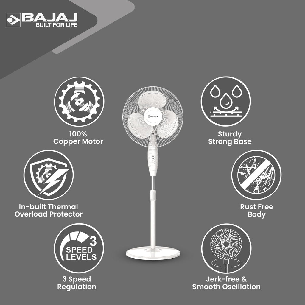 Bajaj Frore Neo 400 MM Oscillating Pedestal Fan For Home | Aerodynamically Balanced Blades | 100% Copper Motor | High Air Delivery | 3-Speed Control | Rust Free | 2 Yrs Warranty 【White】