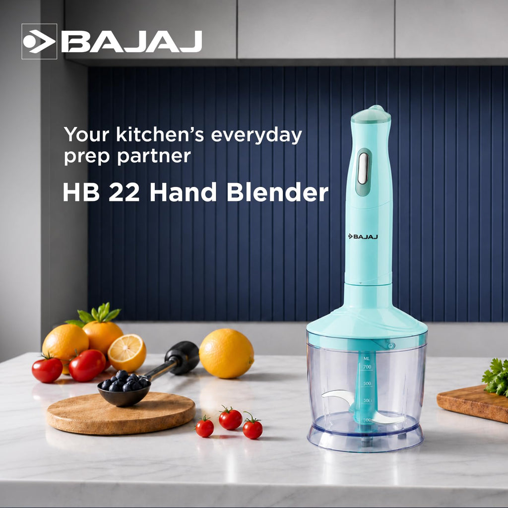 Bajaj HB 22 Silent 300 Watts Hand Blender | Detachable Abs Blender Stem | Additional Chopping Bowl & Attachments | 2 Yr Warranty 【Blue】