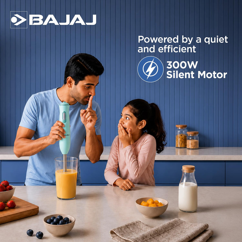 Bajaj HB 22 Silent 300 Watts Hand Blender | Detachable Abs Blender Stem | Additional Chopping Bowl & Attachments | 2 Yr Warranty 【Blue】