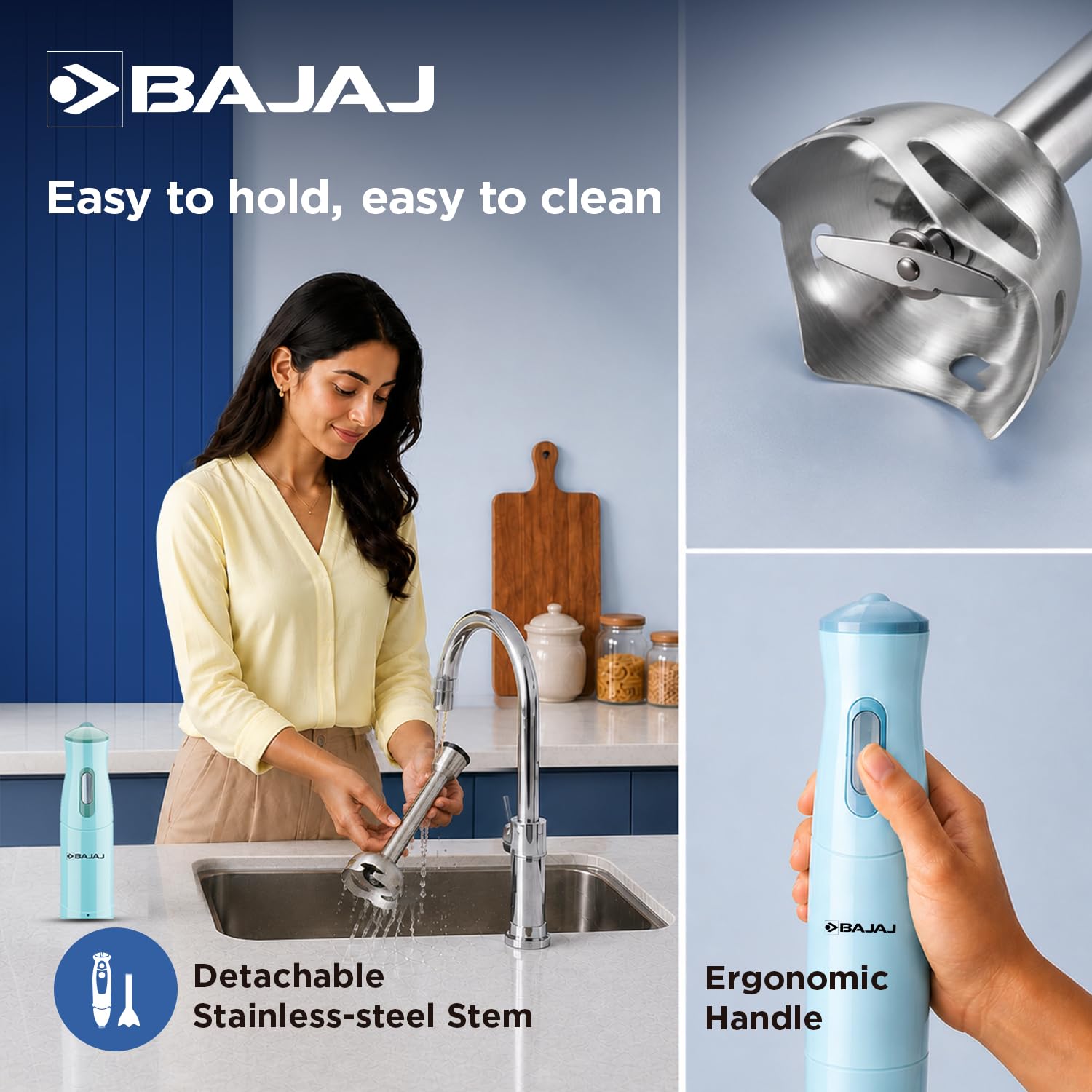 Bajaj HB 22 Silent 300 Watts Hand Blender | Detachable Abs Blender Stem | Additional Chopping Bowl & Attachments | 2 Yr Warranty 【Blue】