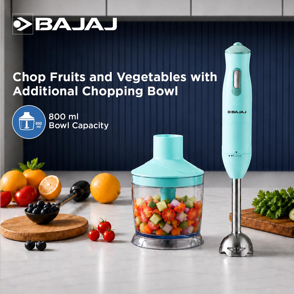 Bajaj HB 22 Silent 300 Watts Hand Blender | Detachable Abs Blender Stem | Additional Chopping Bowl & Attachments | 2 Yr Warranty 【Blue】