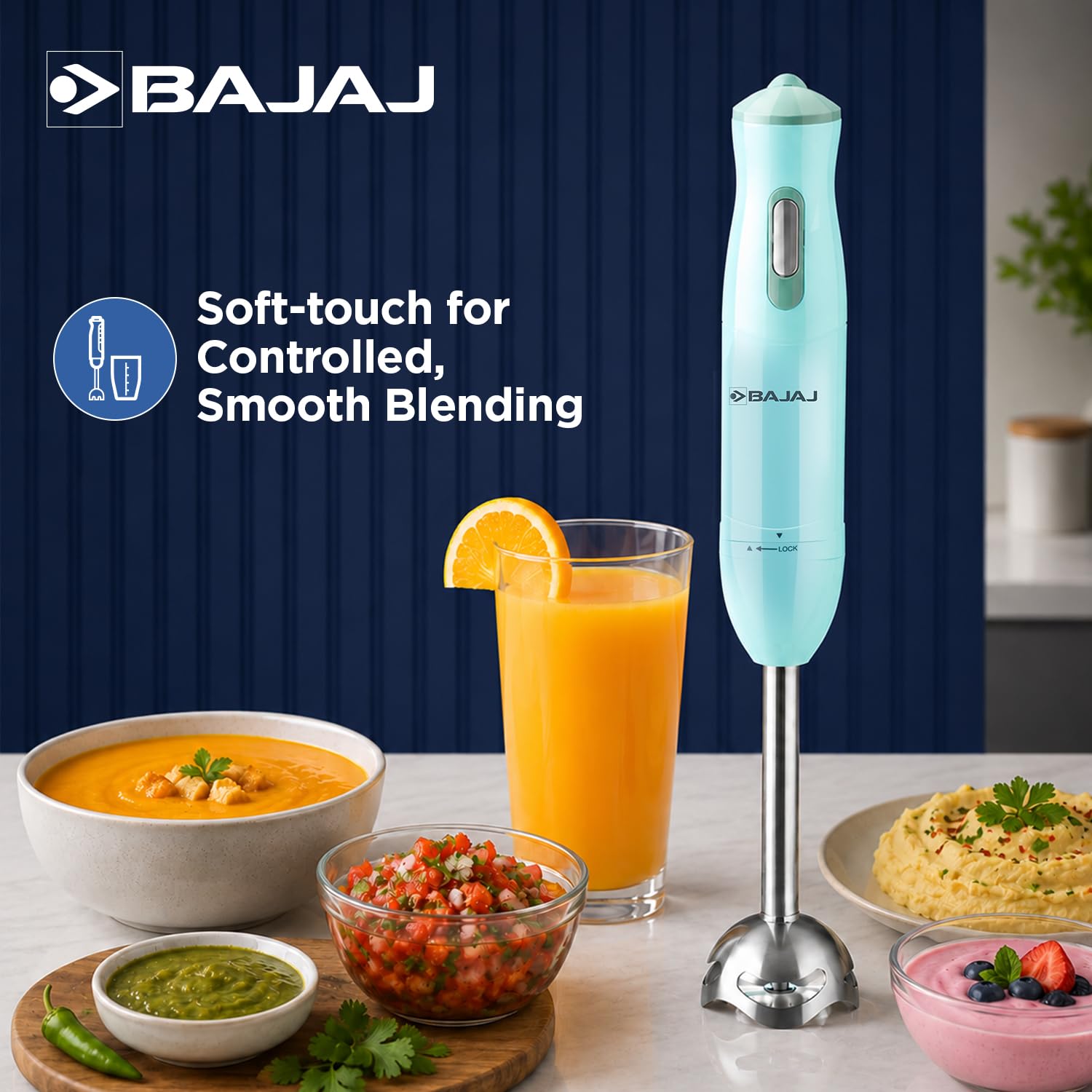Bajaj HB 22 Silent 300 Watts Hand Blender | Detachable Abs Blender Stem | Additional Chopping Bowl & Attachments | 2 Yr Warranty 【Blue】