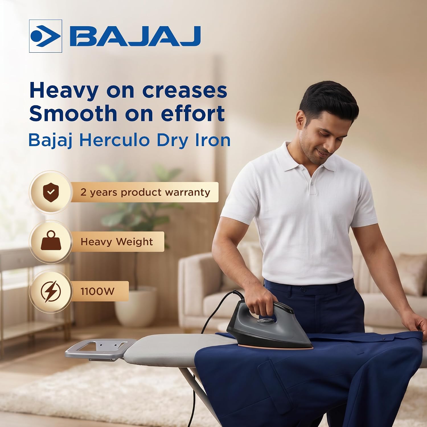 Bajaj Herculo Heavy Weight Dry Iron | 1100 Watts Heavy Weight Dry Iron