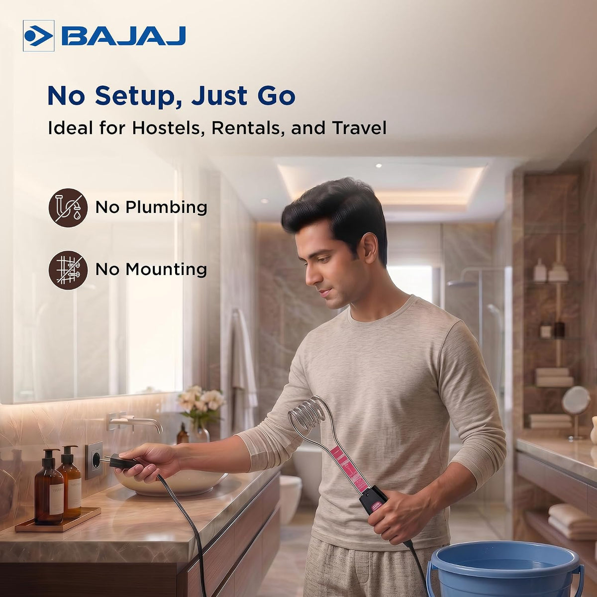 Bajaj Immersion 1500 Watts Water Heater Rod | Nickel Plated Heating| ISI Certified | 2 Years Warranty | Silver