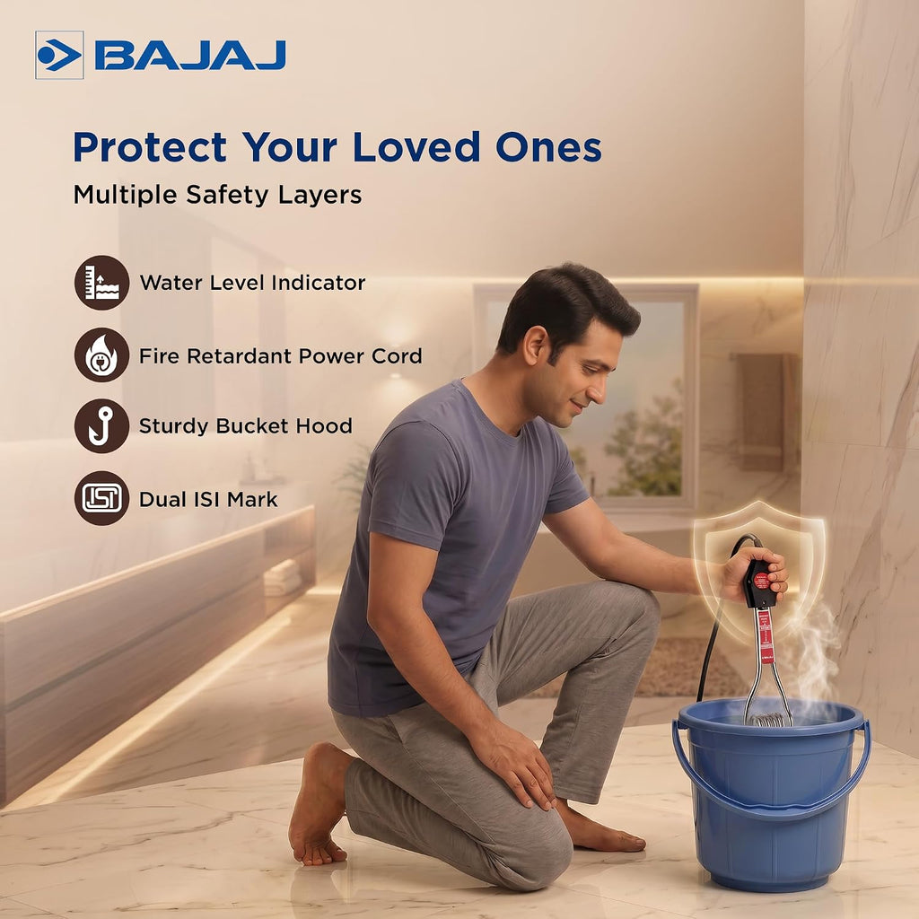 Bajaj Immersion 1500 Watts Water Heater Rod | Nickel Plated Heating| ISI Certified | 2 Years Warranty | Silver