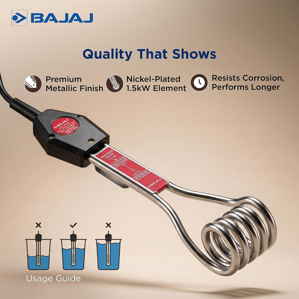 Bajaj Immersion 1500 Watts Water Heater Rod | Nickel Plated Heating| ISI Certified | 2 Years Warranty | Silver
