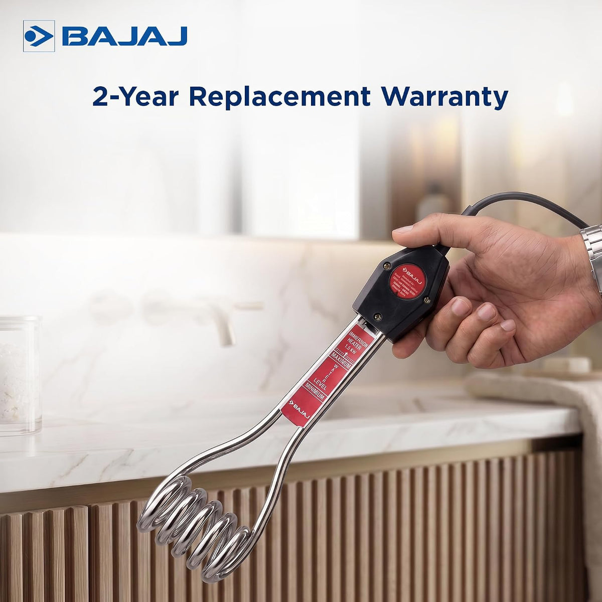 Bajaj Immersion 1500 Watts Water Heater Rod | Nickel Plated Heating| ISI Certified | 2 Years Warranty | Silver