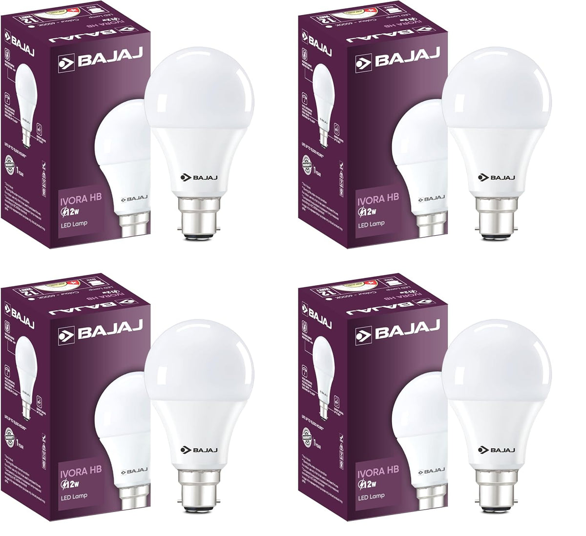 Bajaj Ivora HB 12W LED Bulb B22 (Pack of 4, CDL) | Energy Efficient, Eco-Friendly | UV & IR Free | 1 Year Warranty