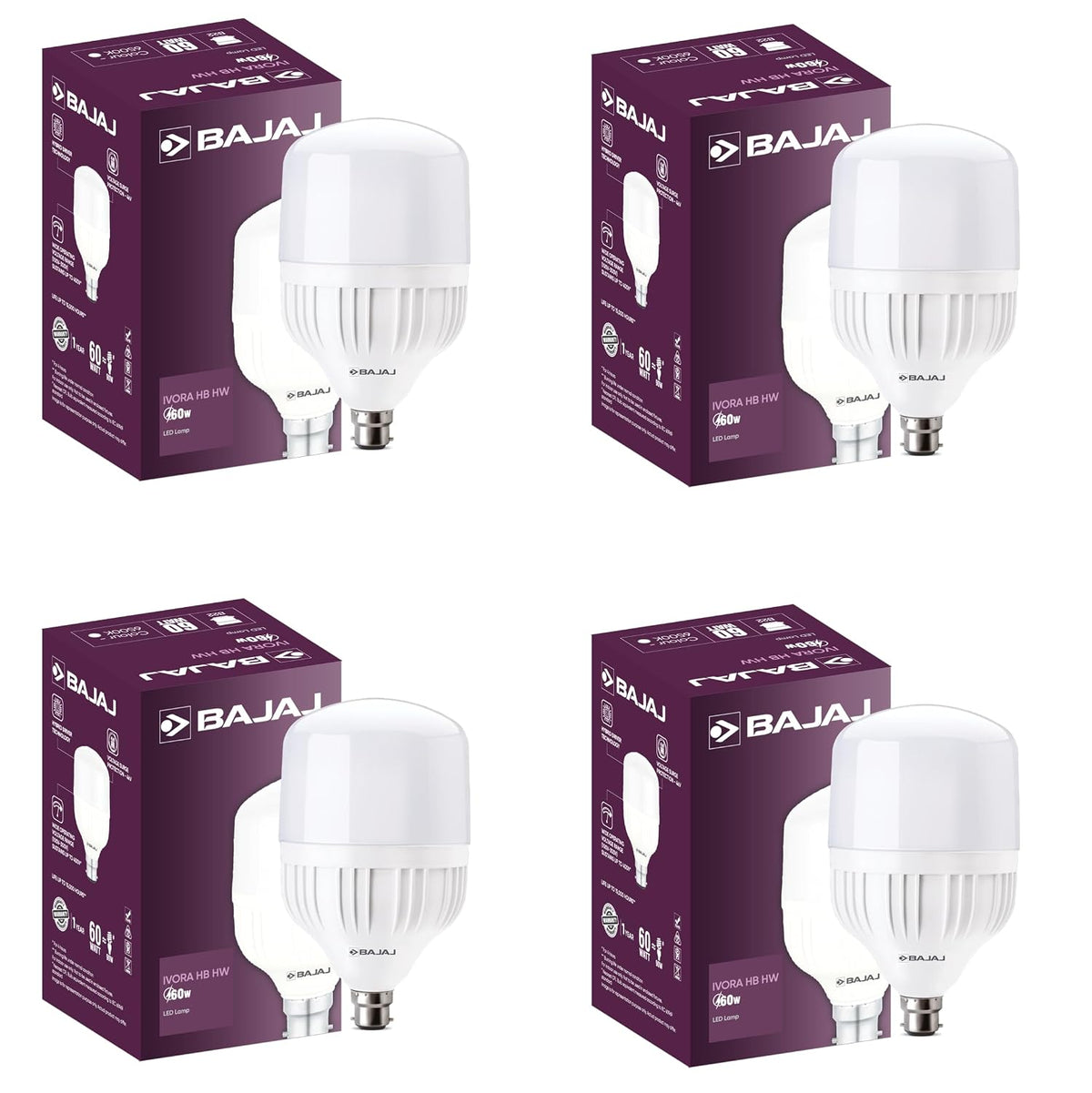 Bajaj Ivora HB HW LED Lamp 60W CDL B22 | Energy Efficient | Instant On | 4 Kv Surge Protection | LED Bulb For Home, Pack of 4