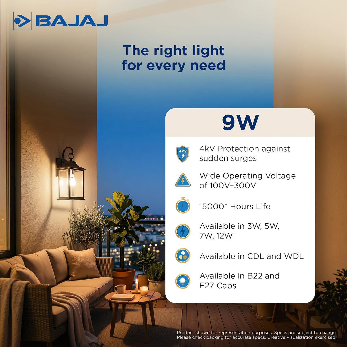Bajaj Ivora Hb Led Lamp 9W Cdl Cool Daylight B22D|Energy Efficient|Environment Friendly|Ir,Uv Free|3.5 Kv Surge Protection|Led Bulb For Home|(Pack Of 4)|1 Yr Warranty