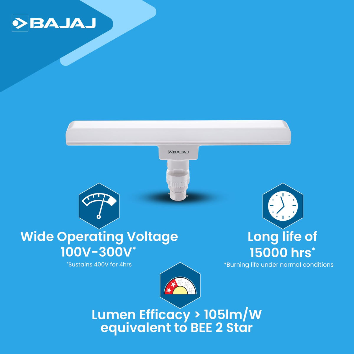 Bajaj 830427 B22 Ivora Plus Linear Cool Day LED Light (Pack of 3, White, 10W)