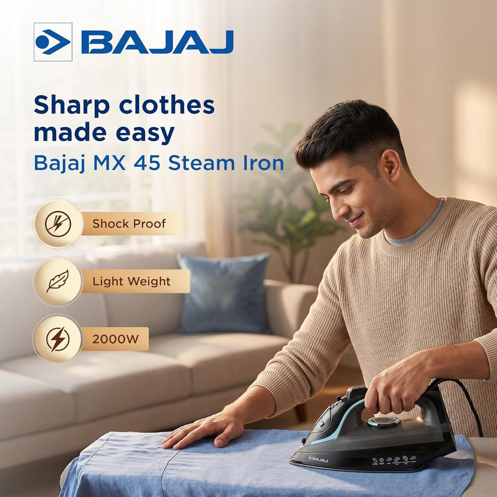 Bajaj MX 45 Steam Aluminium Soleplate Iron | 2000 Watts Power For Faster