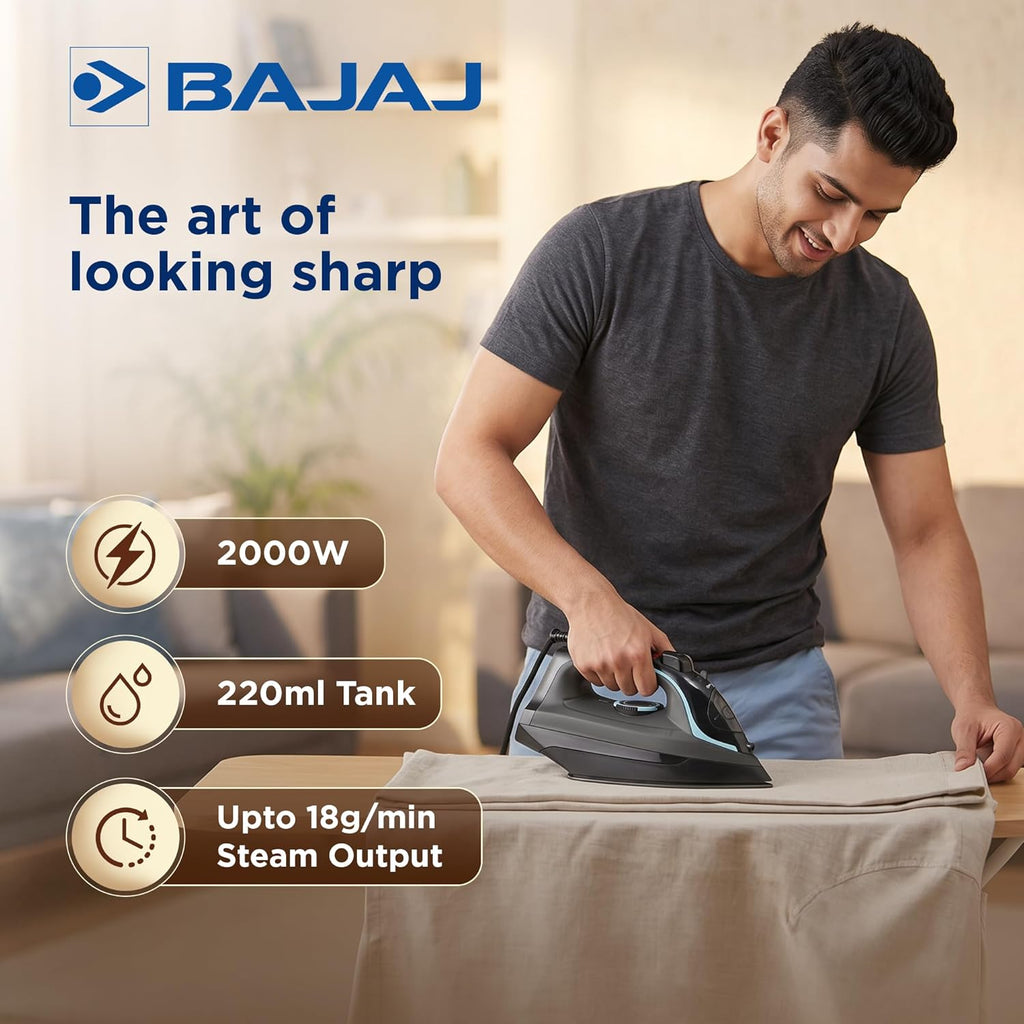 Bajaj MX 45 Steam Aluminium Soleplate Iron | 2000 Watts Power For Faster