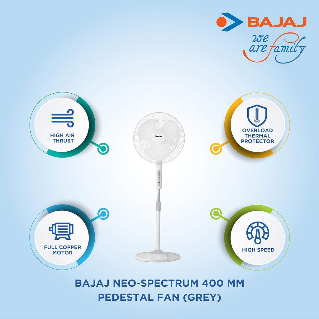 Bajaj Neo-Spectrum 400 MM Pedestal Fan for Home | High Air Delivery | High Speed | Full Copper Motor | Overload Thermal Protector | 2 Yrs Warranty 【Grey】