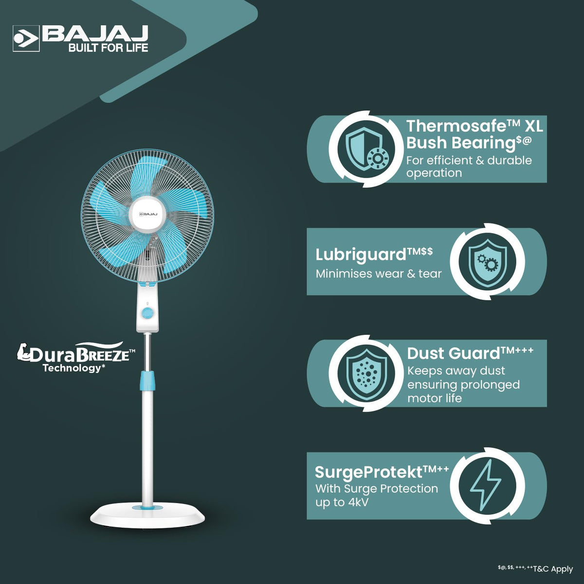 Bajaj Penta Robusto 400mm Oscillating Pedestal Fan for Home | DuraBreezeTM Technology | Power of 5 Blades | 100% Copper Motor | High Air Delivery | Modern Décor | 3 Years Warranty 【Icy Blue & White】