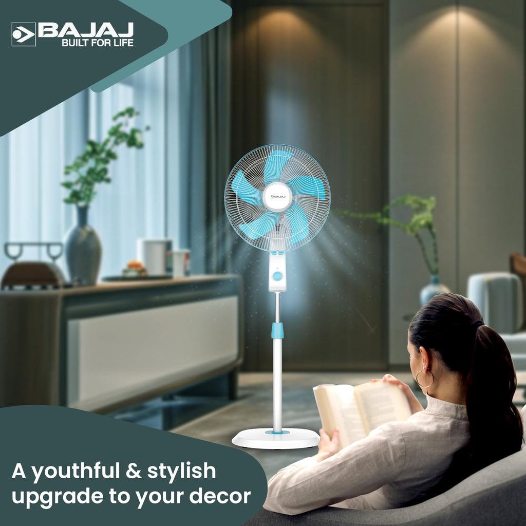 Bajaj Penta Robusto 400mm Oscillating Pedestal Fan for Home | DuraBreezeTM Technology | Power of 5 Blades | 100% Copper Motor | High Air Delivery | Modern Décor | 3 Years Warranty 【Icy Blue & White】