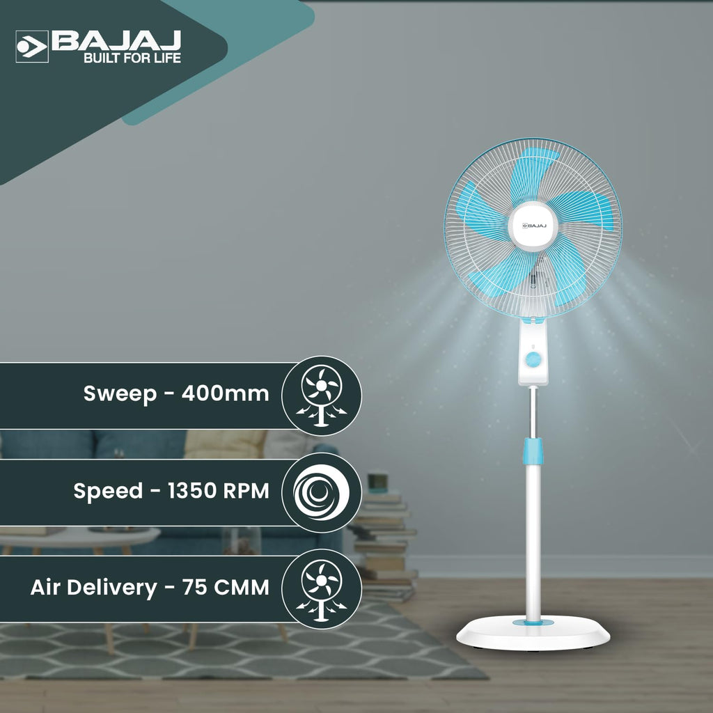 Bajaj Penta Robusto 400mm Oscillating Pedestal Fan for Home | DuraBreezeTM Technology | Power of 5 Blades | 100% Copper Motor | High Air Delivery | Modern Décor | 3 Years Warranty 【Icy Blue & White】