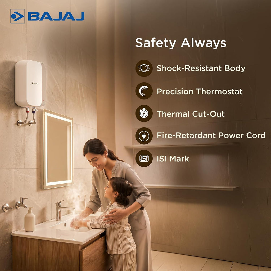 Bajaj Prohot 3 Litre Instant Water Heater | 3KW Vertical Geyser for Bathroom & Kitchen | Fast Heating Element | High Grade SS Tank | Multiple Safety Systems | 2-Yr Product Warranty | White