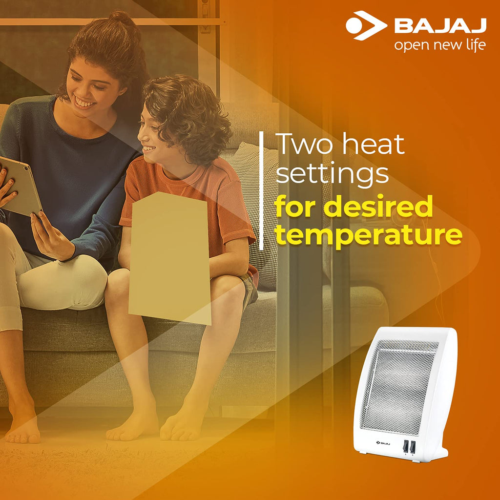 Bajaj RHX-2 Halogen Heater | 2 Heat Settings-400W/800 Watts | Noiseless Operation | DuraElement With 1-Yr Heating Element Warranty By Bajaj | Convection Room Heater For Winter | 2-Yr Warranty 【White】