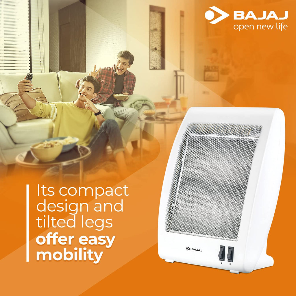 Bajaj RHX-2 Halogen Heater | 2 Heat Settings-400W/800 Watts | Noiseless Operation | DuraElement With 1-Yr Heating Element Warranty By Bajaj | Convection Room Heater For Winter | 2-Yr Warranty 【White】