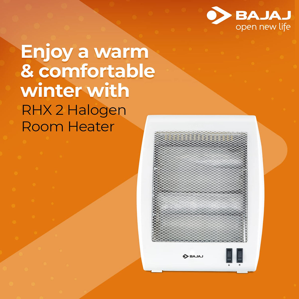 Bajaj RHX-2 Halogen Heater | 2 Heat Settings-400W/800 Watts | Noiseless Operation | DuraElement With 1-Yr Heating Element Warranty By Bajaj | Convection Room Heater For Winter | 2-Yr Warranty 【White】