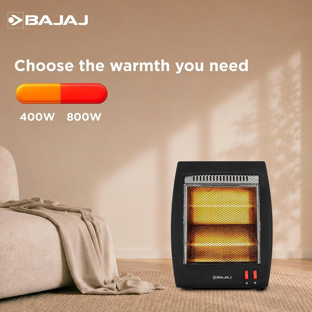 Bajaj RHX-2 Halogen Heater | 2 Heat Settings-400W/800 Watts | Noiseless Operation | DuraElement With 1-Yr Heating Element Warranty | Convection Room Heater For Winter | 2-Yr Warranty 【Black】