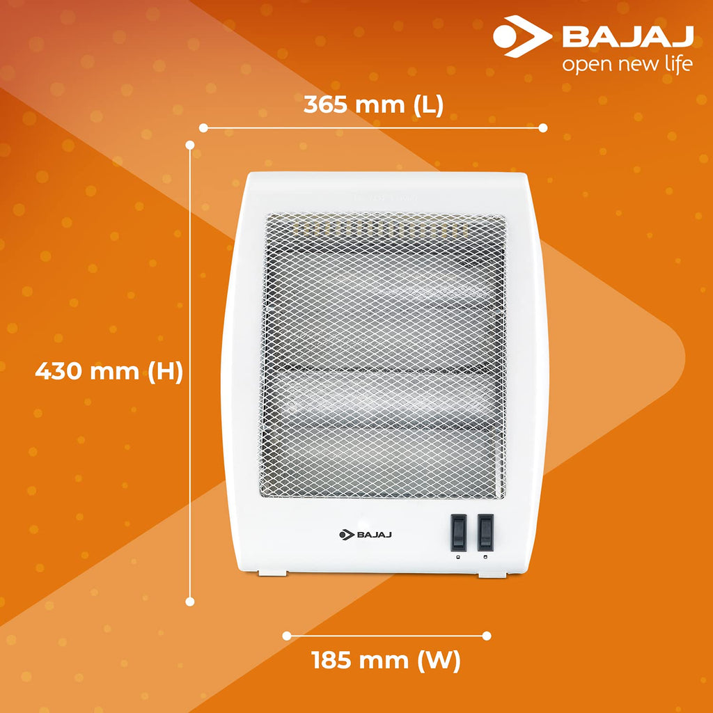 Bajaj RHX-2 Halogen Heater | 2 Heat Settings-400W/800 Watts | Noiseless Operation | DuraElement With 1-Yr Heating Element Warranty By Bajaj | Convection Room Heater For Winter | 2-Yr Warranty 【White】