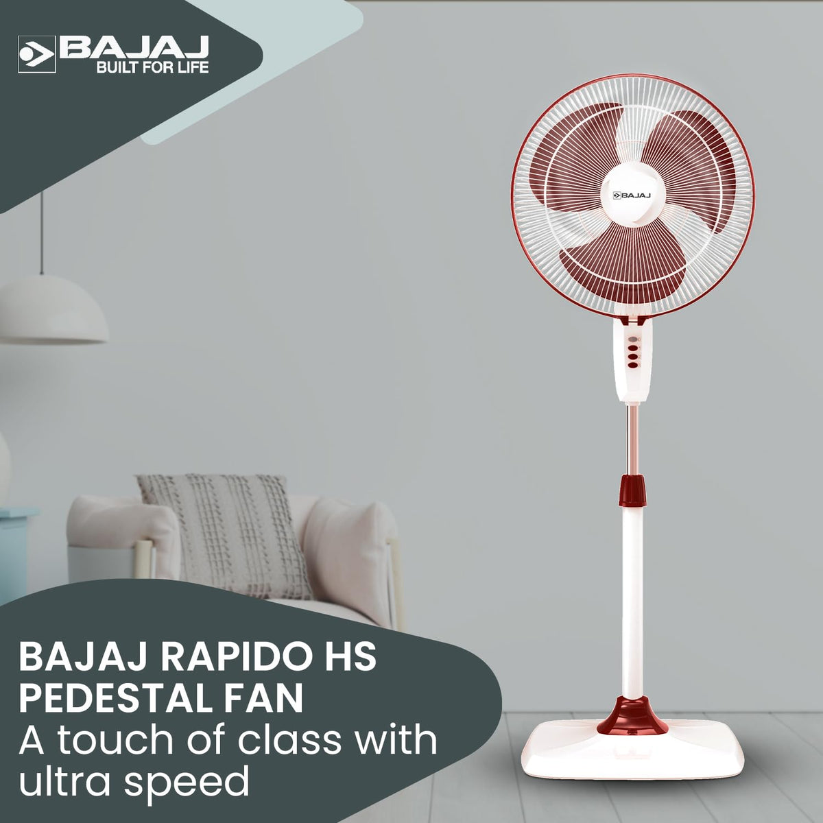 Bajaj Rapido 400 MM Pedestal Fan For Home | Full Copper Motor | High Speed Operation | Overload Thermal Protector | 2 Yrs Warranty 【Wine Red】
