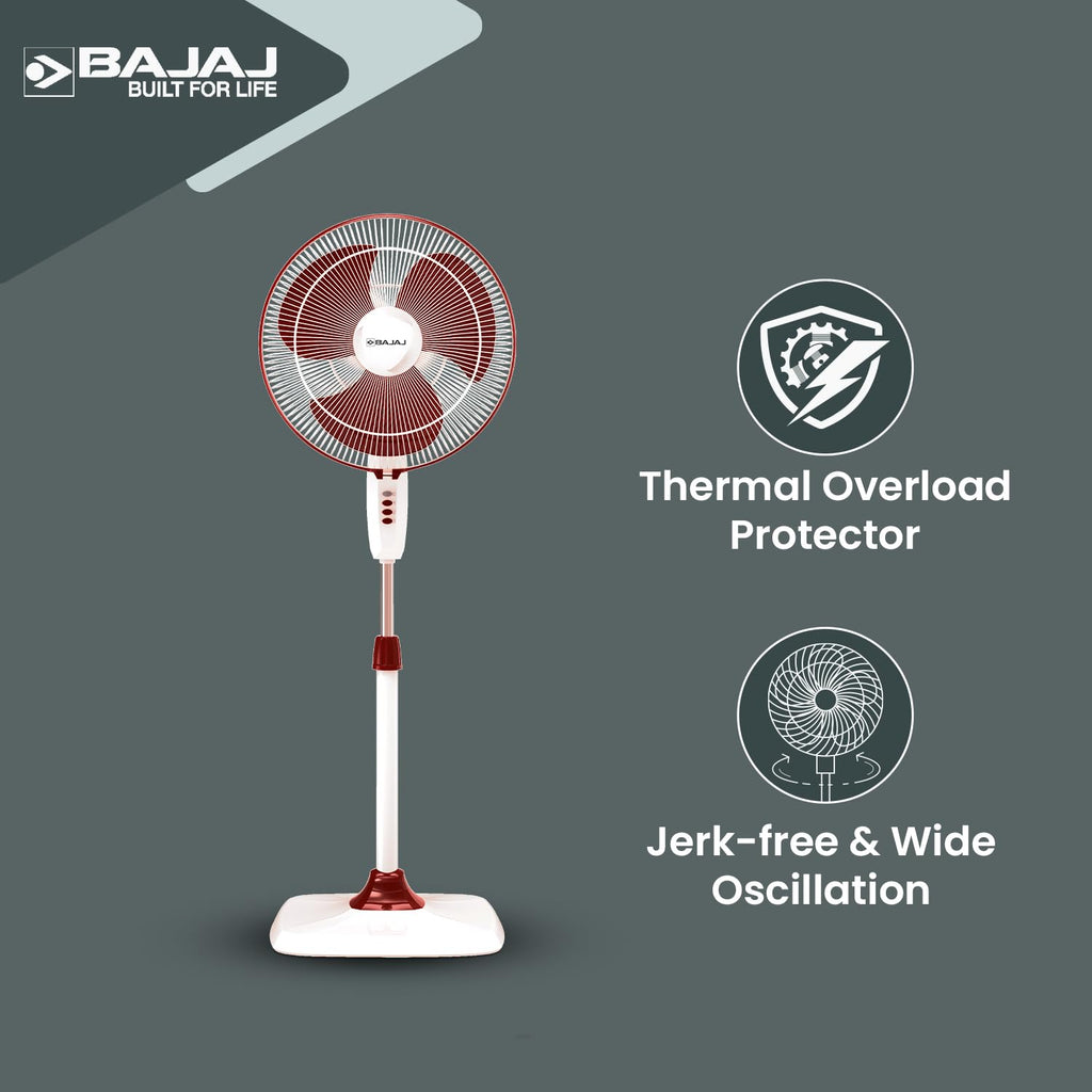 Bajaj Rapido 400 MM Pedestal Fan For Home | Full Copper Motor | High Speed Operation | Overload Thermal Protector | 2 Yrs Warranty 【Wine Red】