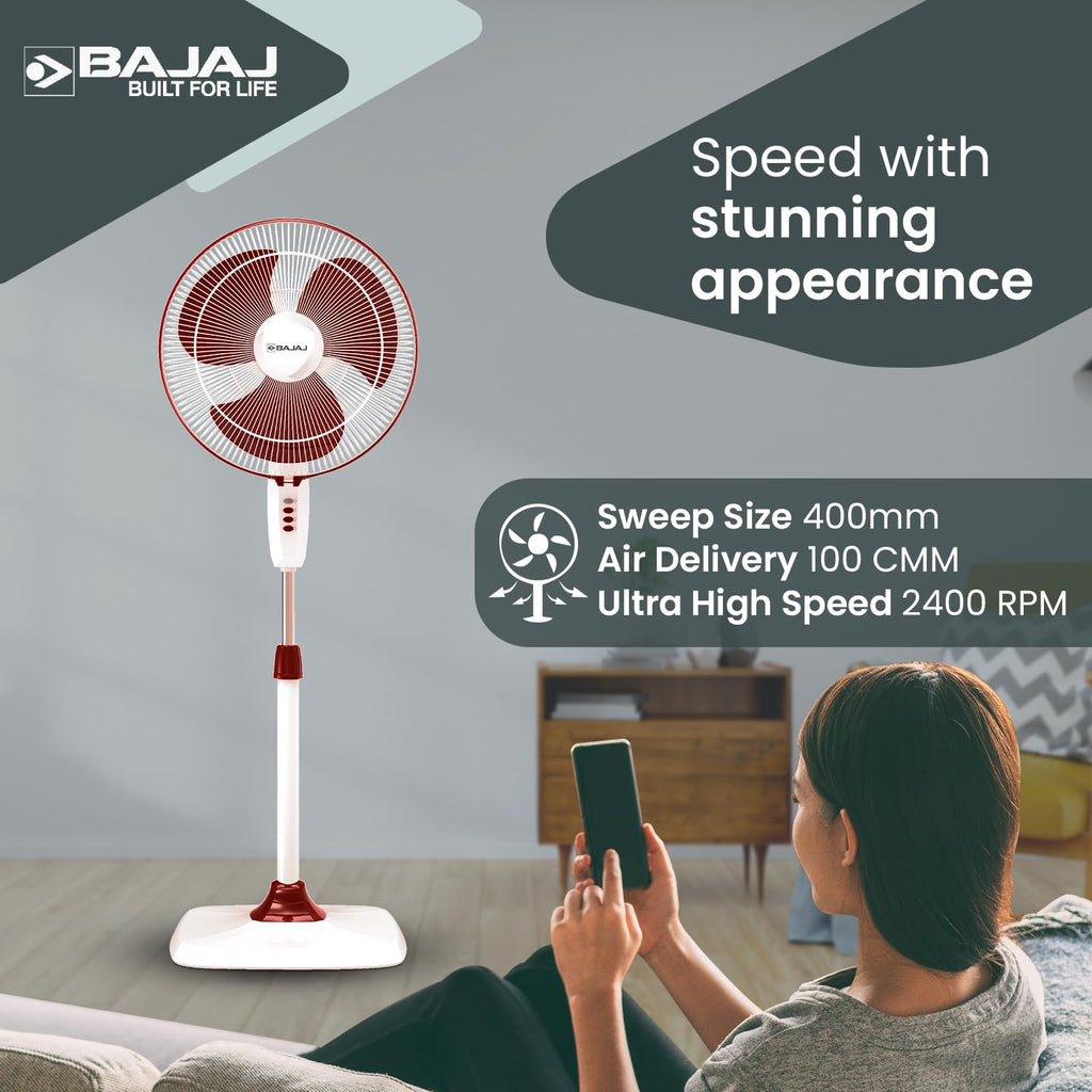 Bajaj Rapido 400 MM Pedestal Fan For Home | Full Copper Motor | High Speed Operation | Overload Thermal Protector | 2 Yrs Warranty 【Wine Red】