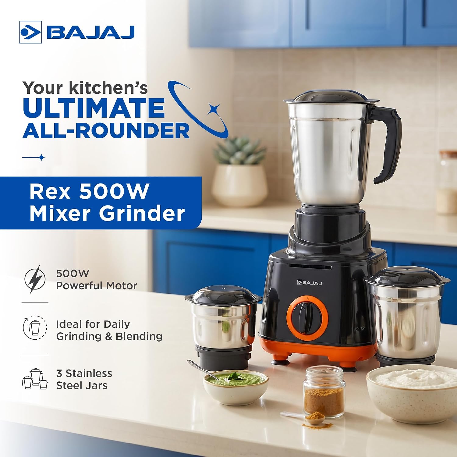 Bajaj Rex 500W Mixer Grinder | 3 Stainless Steel Jars with Multifunctional Blades