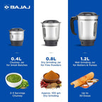 Bajaj Rex 500W Mixer Grinder | 3 Stainless Steel Jars with Multifunctional Blades