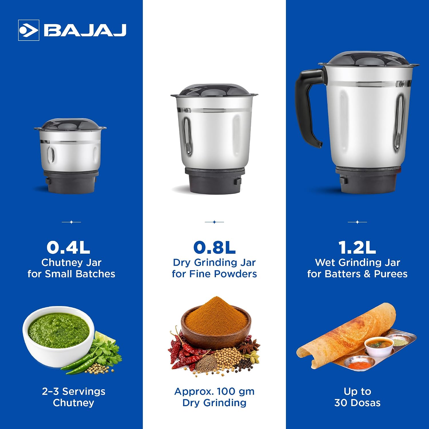 Bajaj Rex 500W Mixer Grinder | 3 Stainless Steel Jars with Multifunctional Blades
