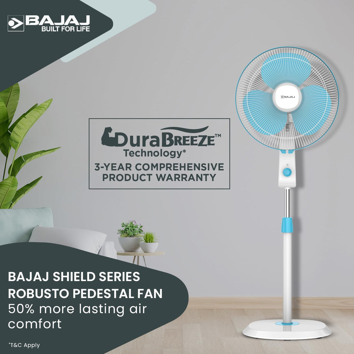 Bajaj Robusto 400mm Oscillating Pedestal Fan for Home | DuraBreezeTM Technology | Surge Protection | 100% Copper Motor | High Air Delivery | Modern Décor | 3 Years Warranty 【Icy Blue & White】