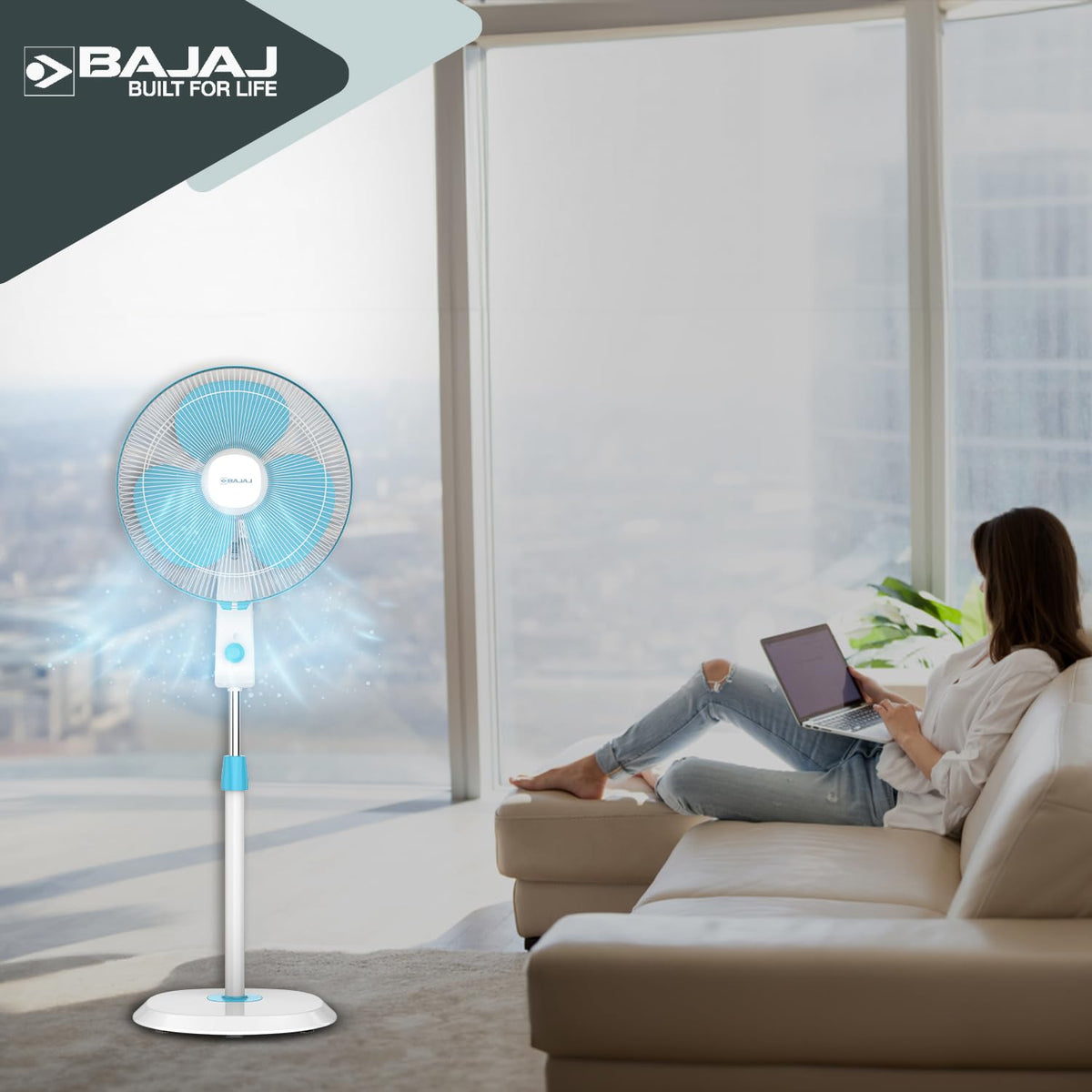 Bajaj Robusto 400mm Oscillating Pedestal Fan for Home | DuraBreezeTM Technology | Surge Protection | 100% Copper Motor | High Air Delivery | Modern Décor | 3 Years Warranty 【Icy Blue & White】