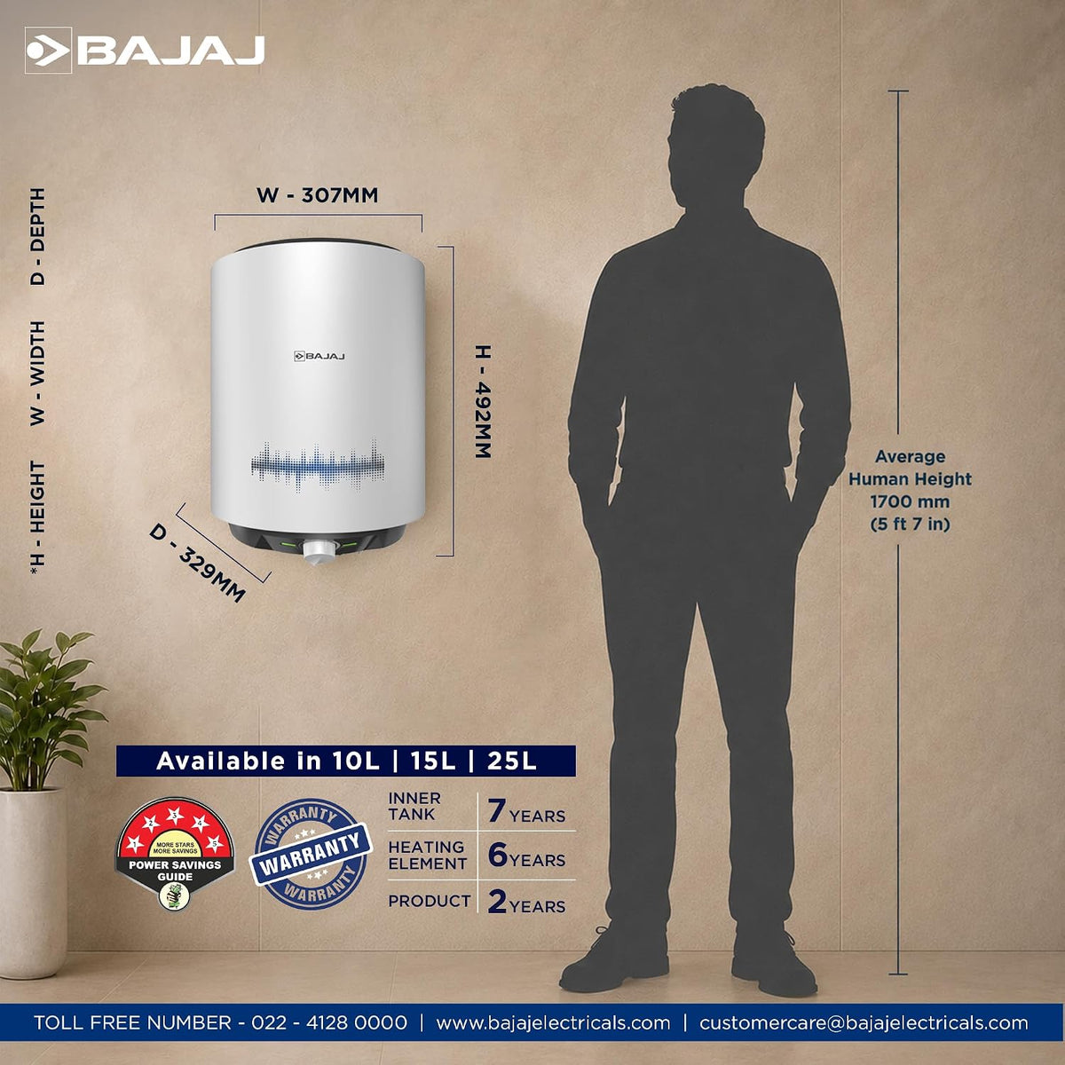 Bajaj Shield Series New Shakti 10L Storage Wall Mount Water Heater For Home, 5-Star Rated Geyser, Child Safety Mode, 7-Yr Tank, 6-Yr Element, 2-Yr Product Warranty,【White & Grey】