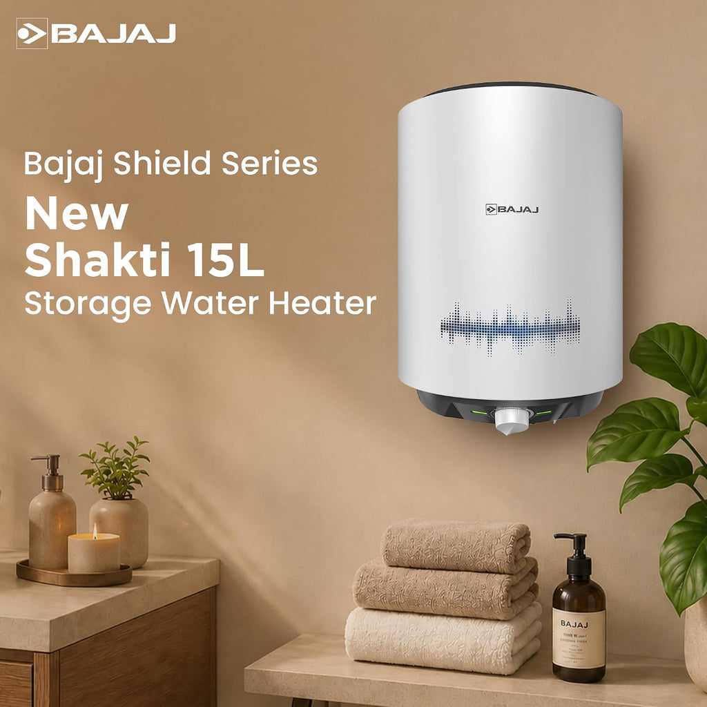 Bajaj Shield Series New Shakti 15L Storage Wall Mount Water Heater For Home, 5-Star Rated Geyser, Child Safety Mode, 7-Yr Tank, 6-Yr Element, 2-Yr Product Warranty, White & Grey
