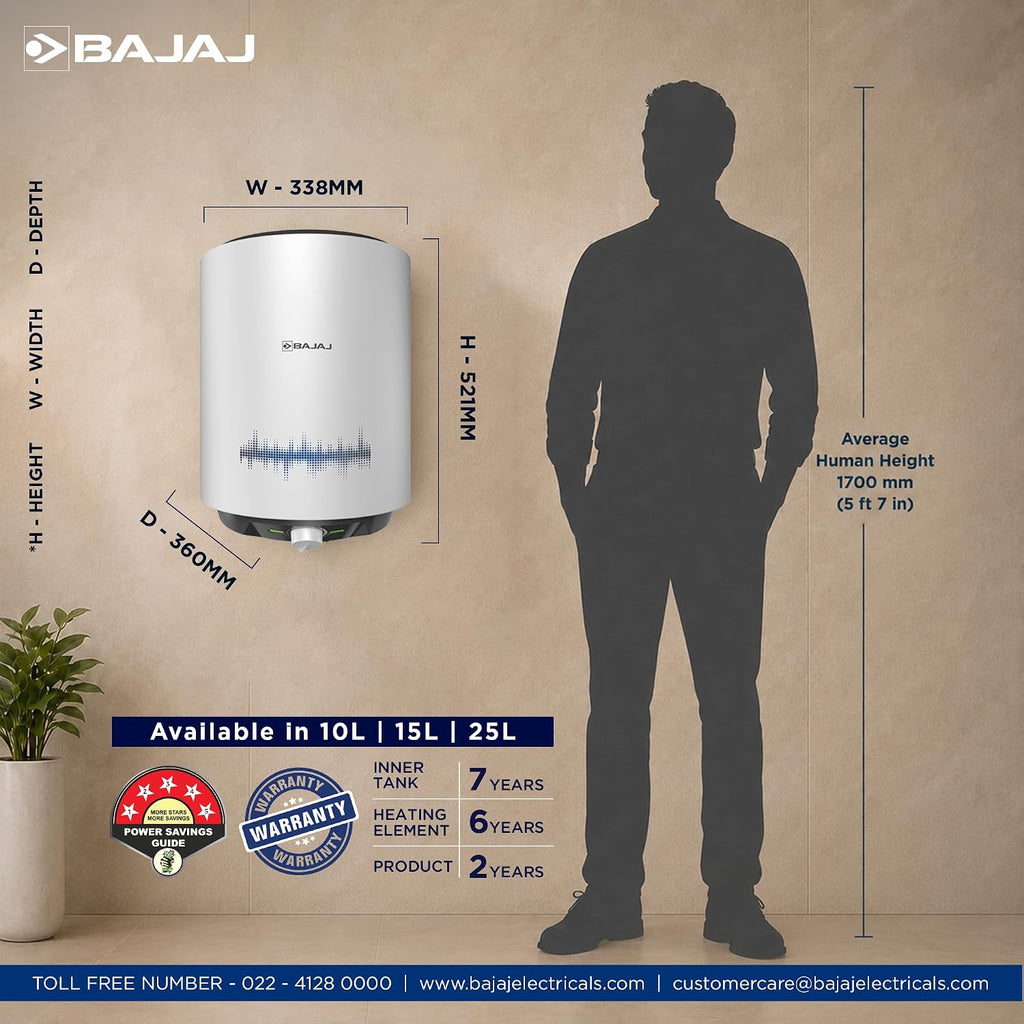 Bajaj Shield Series New Shakti 15L Storage Wall Mount Water Heater For Home, 5-Star Rated Geyser, Child Safety Mode, 7-Yr Tank, 6-Yr Element, 2-Yr Product Warranty, White & Grey