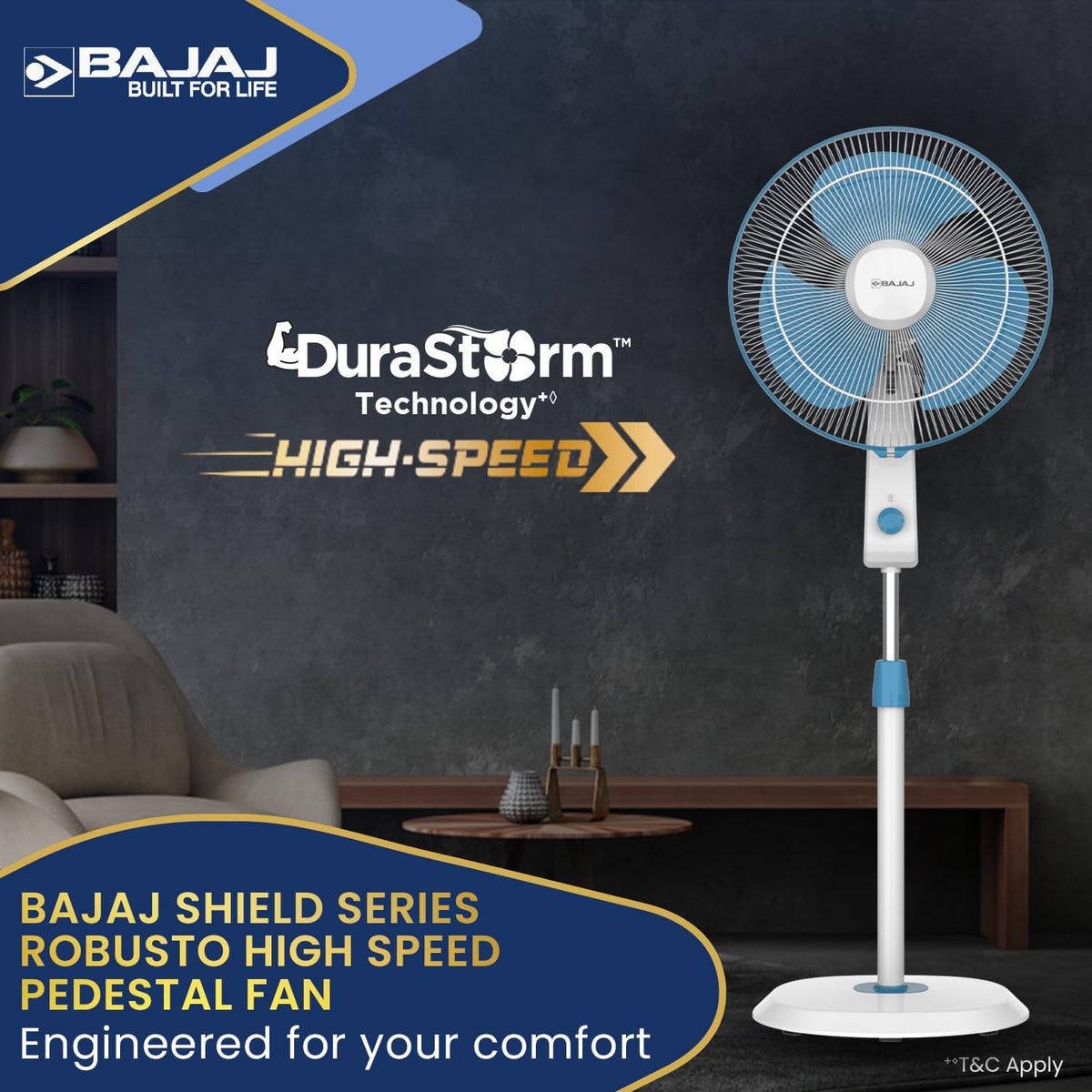 Bajaj Shield Series Robusto High Speed 400mm Pedestal Fan for Home | DuraStorm Technology | Surge Protection | 100% Copper Motor | High Air Delivery | 3 Years Warranty 【Blue & White】