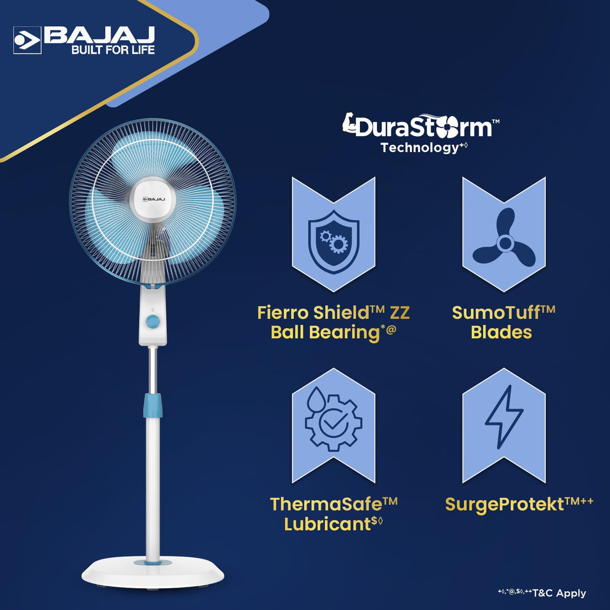 Bajaj Shield Series Robusto High Speed 400mm Pedestal Fan for Home | DuraStorm Technology | Surge Protection | 100% Copper Motor | High Air Delivery | 3 Years Warranty 【Blue & White】